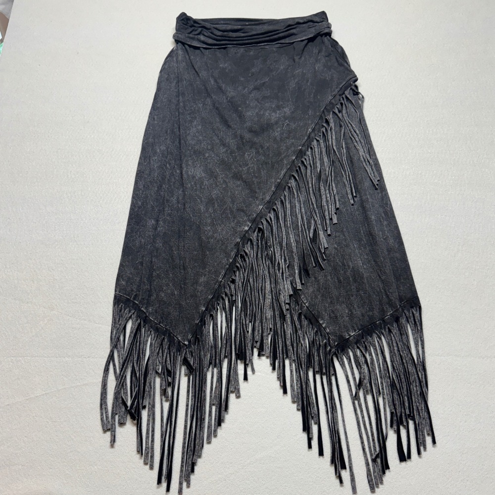 T Party Mineral Wash Fringe Skirt Charcoal Grey Boho Western Large VRS9627